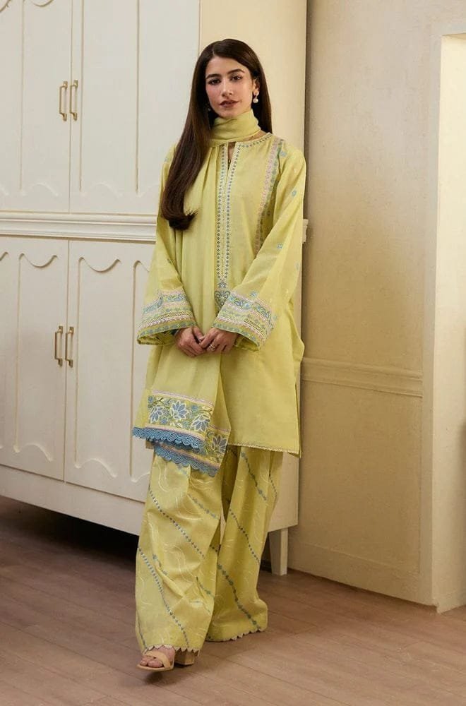 ZS-2635 Lawn Unstitched 3pc Embroidered Suit With Cotton Net Embroidered Dupatta