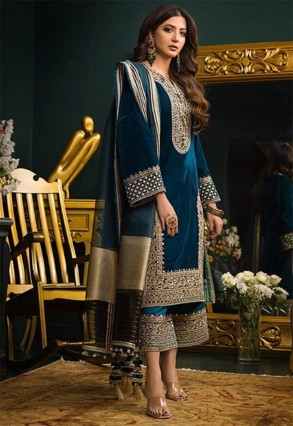 MJ–1080 Embroidered 9000 Micro Velvet 3Pc With Organza Printed Dupatta