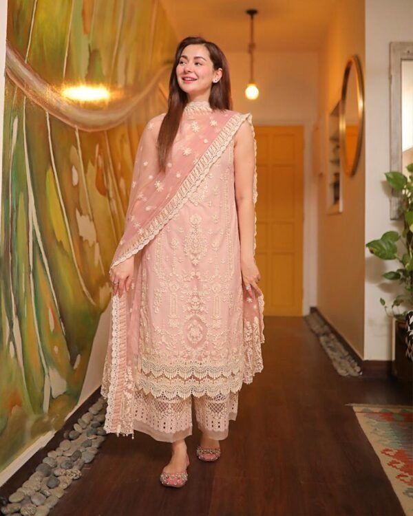 LM-54 3Pc Unstitched Embroidered Lawn Suit With Organza Embroidered Dupatta