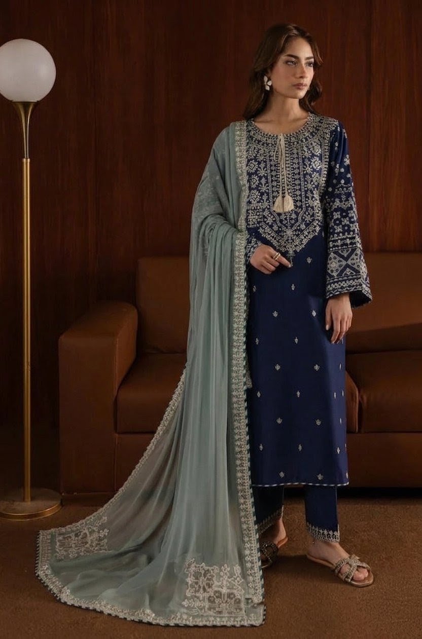 AA-51 3PC Unstitched Embroidered Lawn Suit With Embroidered Chiffon Dupatta