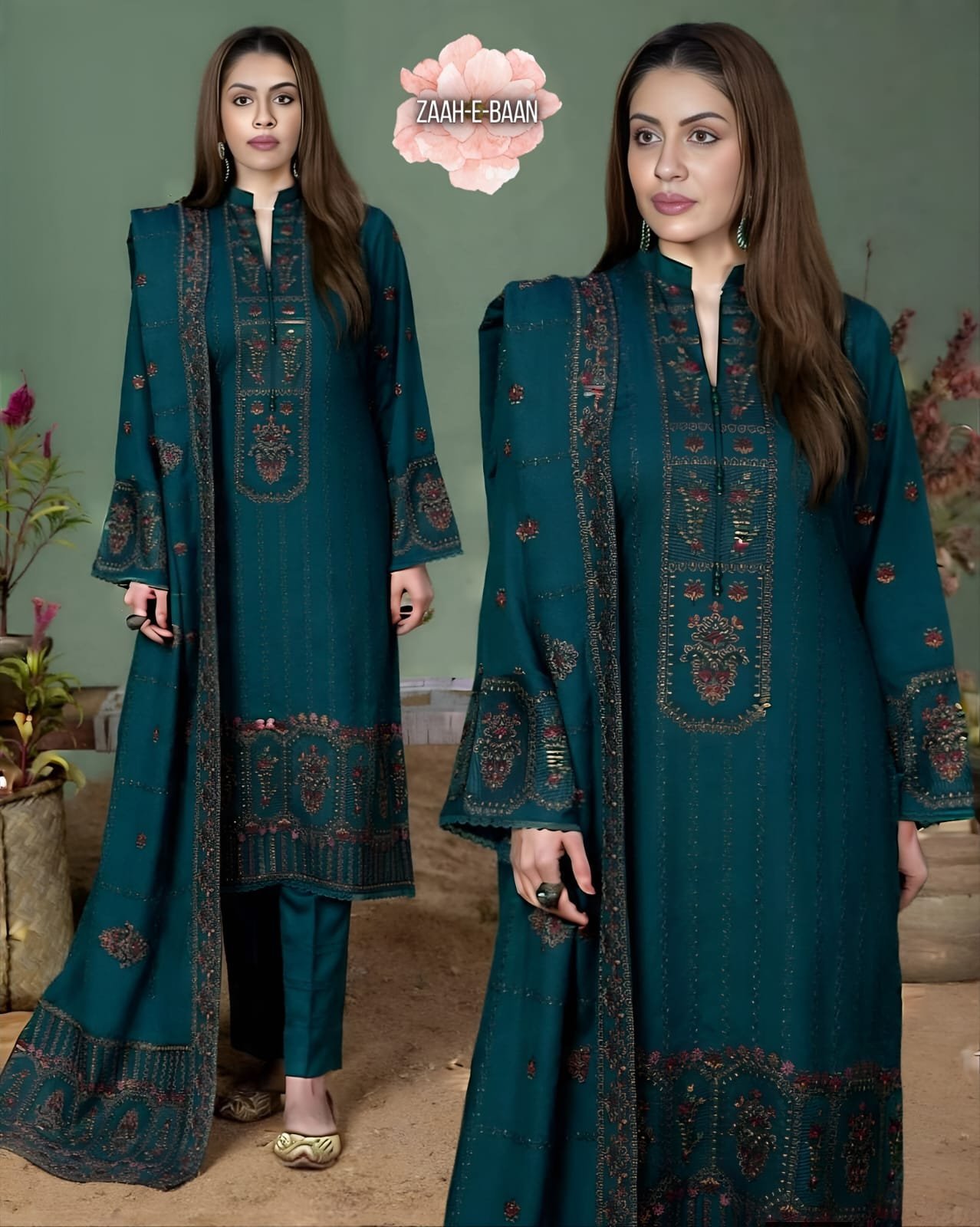 AJ-940 Unstitched Dhanak Stuff Full Embroidered Suit With Dhanak Embroiderd Shawl