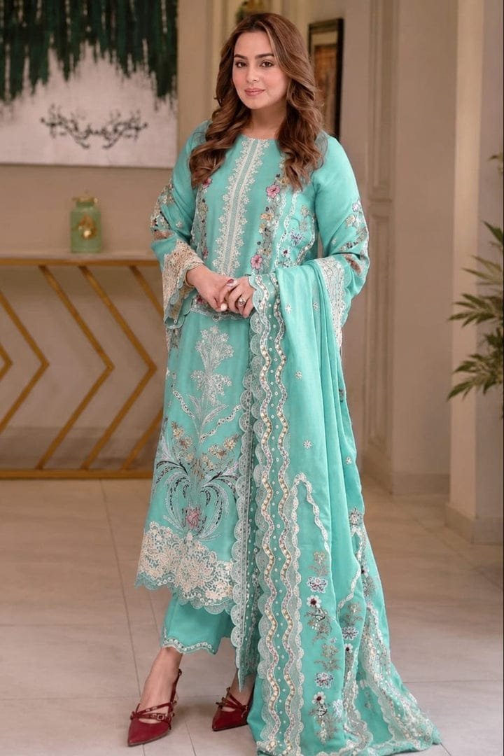 Aneelas Lawn Unstitched Embroidered with cotton Net heavy Embroidered Duppata