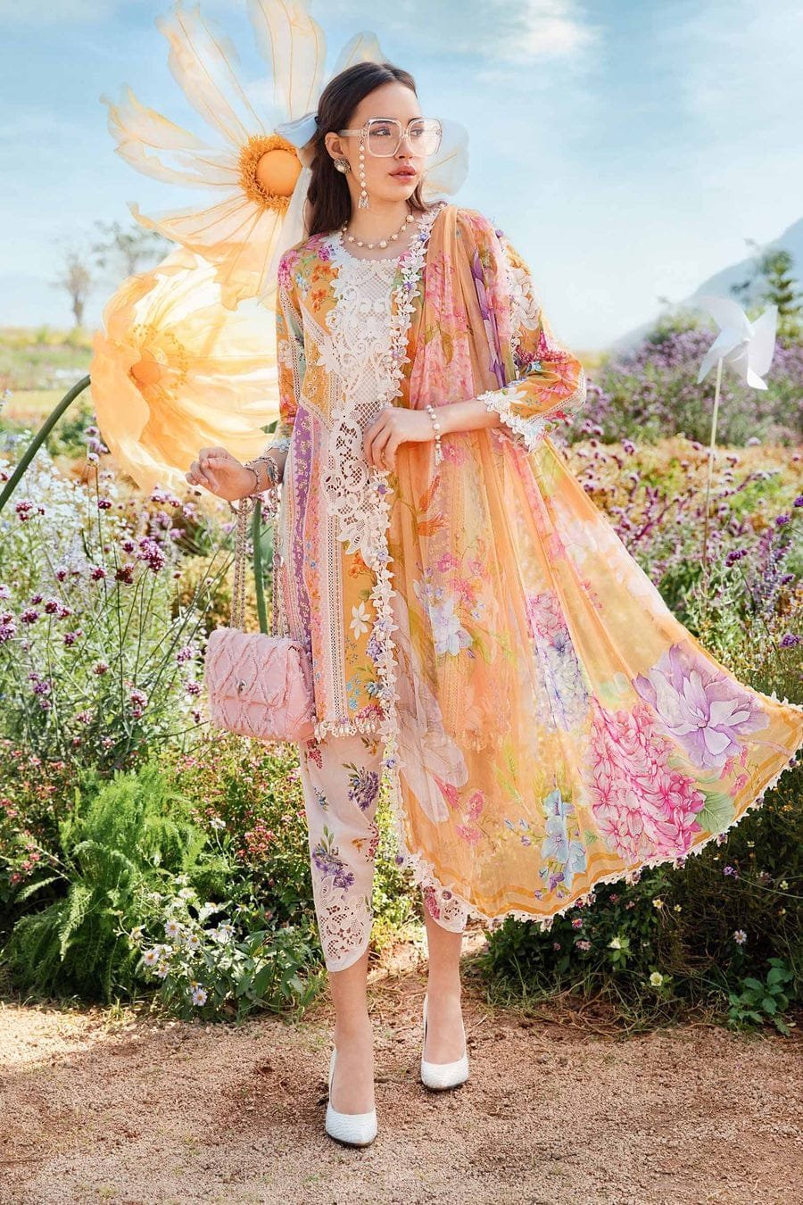 MB-464 Unstitched Digital Printed Lawn Suit 3pc With Voil Lawn Digital Printed Dupatta & Embroidered Patches