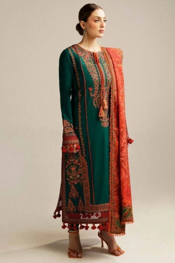 MB-525 Unstitched Dhanak Stuff Full Embroidered Suit With Printed Wool Shawl With Extra Patches