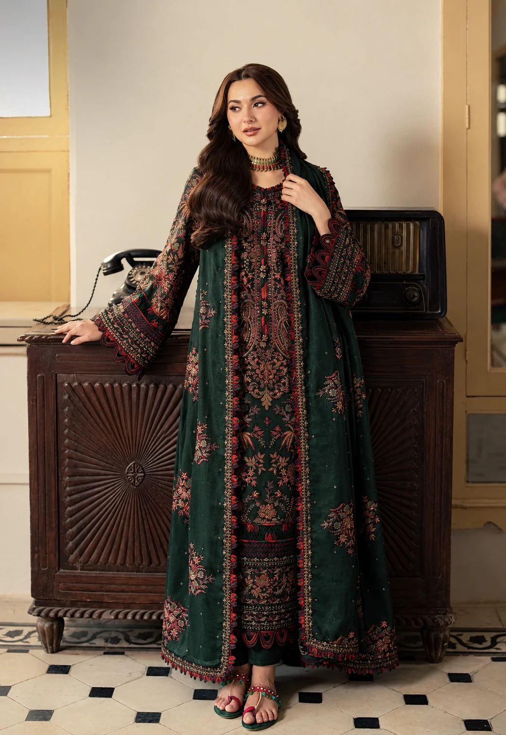 Premium Fully Embroidered Dhanak 3-Piece Unstitched Suit with Embroidered Shawl
