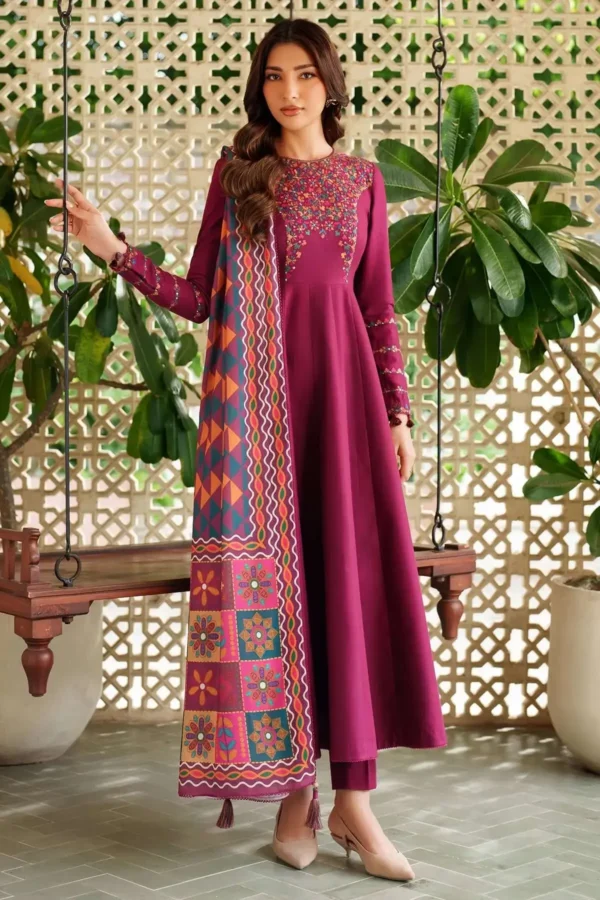 jz-175Unstitched Heavy Embroidered Dhanak Suit ( Printed Woolen Shawl