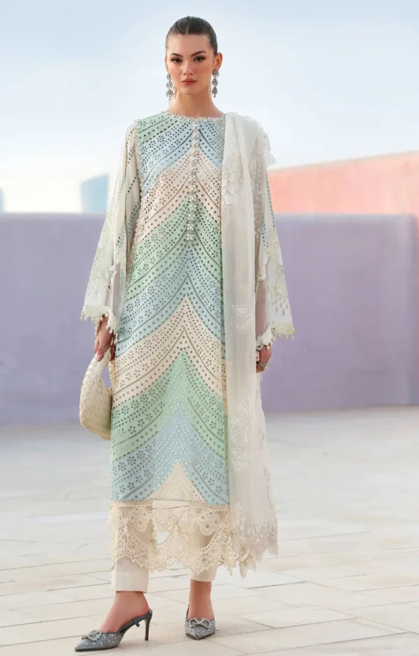 MB-2805B Lawn Unstitched Chicken Kari Embroidered Suit With Printed Organza Dupatta