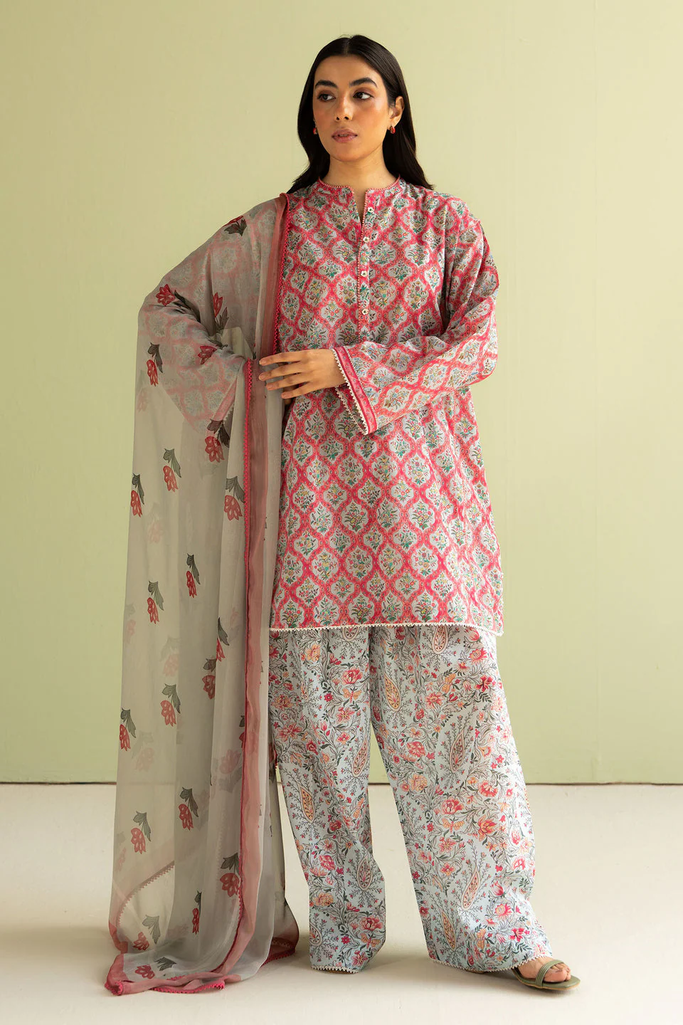 CO 494 Digital Printed 3Pc Unstitched Lawn Suit With Digital Printed Monar Dupatta