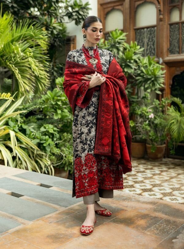 3 Piece – Unstitched Linen Stuff Full Embroidered Suit With Linen Printed Duppata